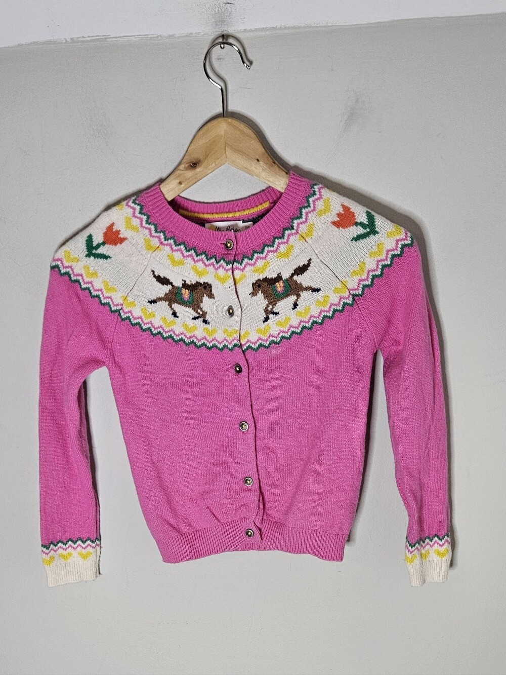 Mini Boden Horse Cardigan Sweater Girls Wool Cotton Blend Pink Fair Isle 7-8 Y